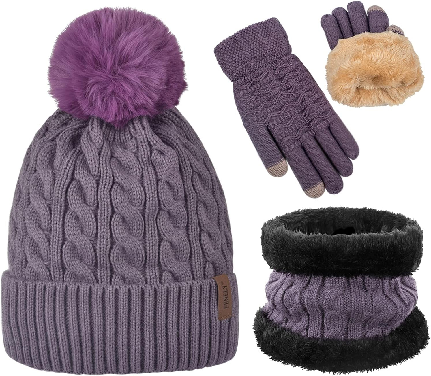 Touch Screen Gloves Sets Girls Classic Knit Warm Chunky Fleece Lined Cable Cap