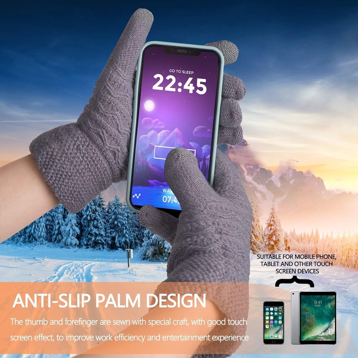 Touch Screen Gloves Sets Girls Classic Knit Warm Chunky Fleece Lined Cable Cap