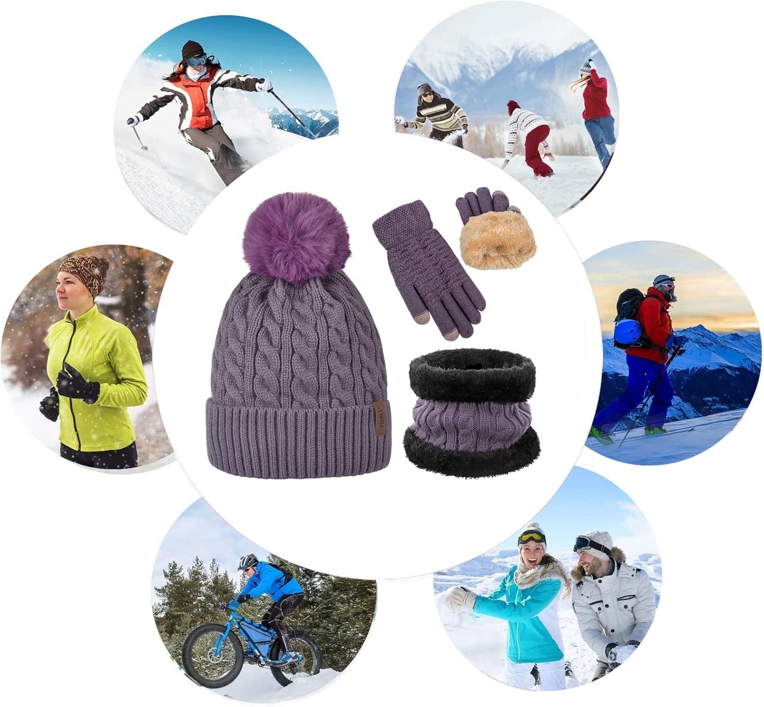 Touch Screen Gloves Sets Girls Classic Knit Warm Chunky Fleece Lined Cable Cap