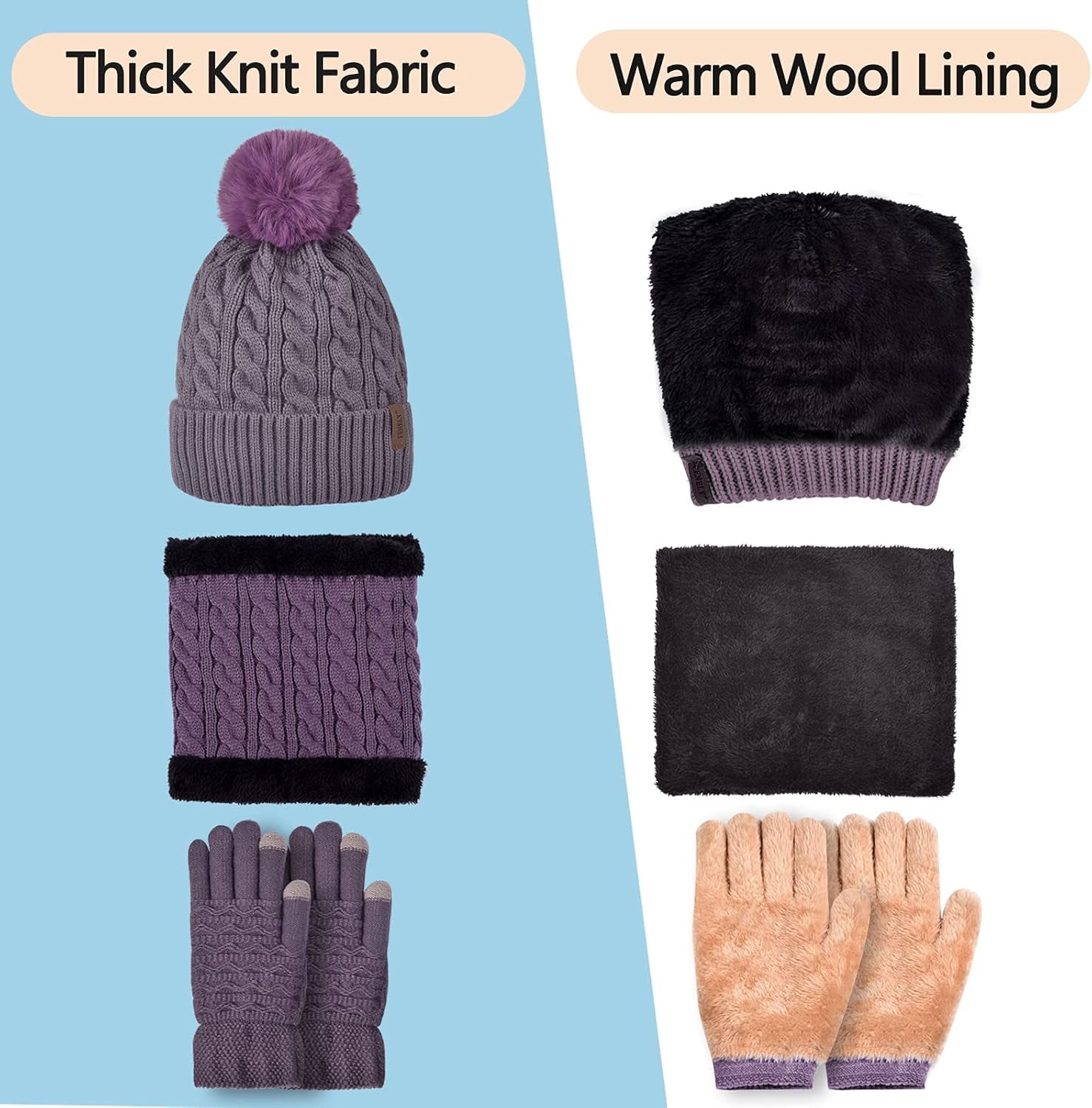 Touch Screen Gloves Sets Girls Classic Knit Warm Chunky Fleece Lined Cable Cap