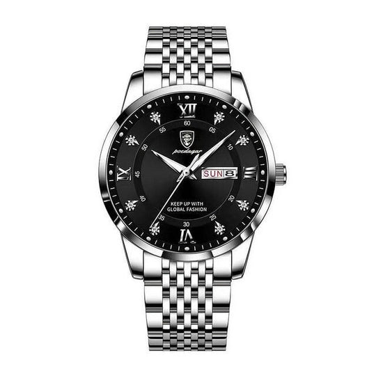 POEDAGAR Men's Day-Date Quartz Watch, Black Dial, Steel Bracelet