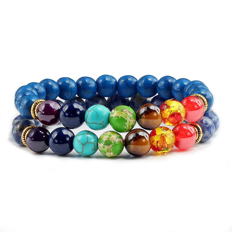 2Pcs/Set 7 Chakra Bracelet for Women Men Balance Buddha Reiki Prayer Tiger Eyes Black Natural Stone Beads Yoga Strand Bracelets