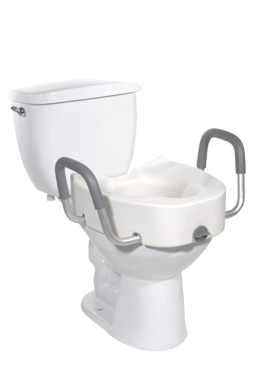 Premium Raised Toilet Seat w/ Lock & Padded Armrests, Elongated - 5 Inch, 300 Lbs. Capacity