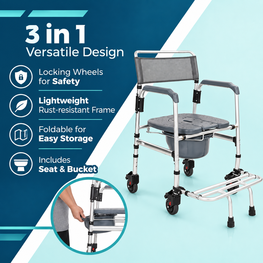 3-in-1 Shower Commode Transport Chair, Folding, 275 lb