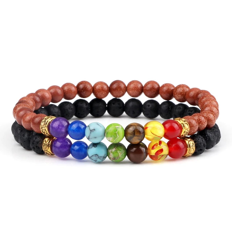 2Pcs/Set 7 Chakra Bracelet for Women Men Balance Buddha Reiki Prayer Tiger Eyes Black Natural Stone Beads Yoga Strand Bracelets