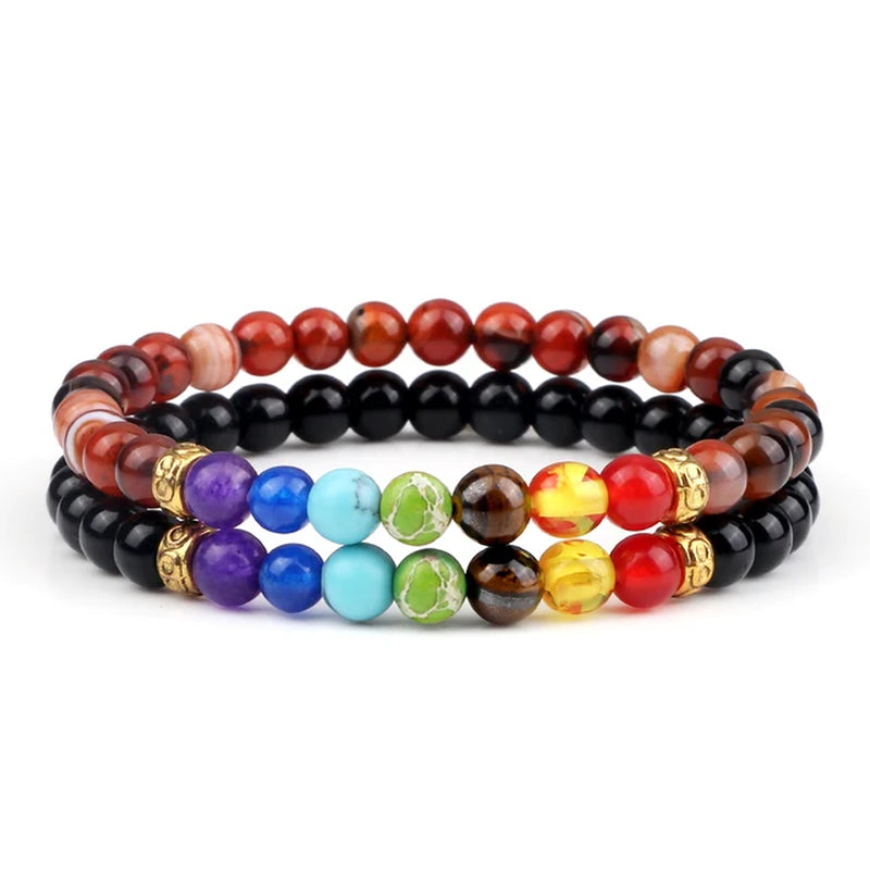 2Pcs/Set 7 Chakra Bracelet for Women Men Balance Buddha Reiki Prayer Tiger Eyes Black Natural Stone Beads Yoga Strand Bracelets