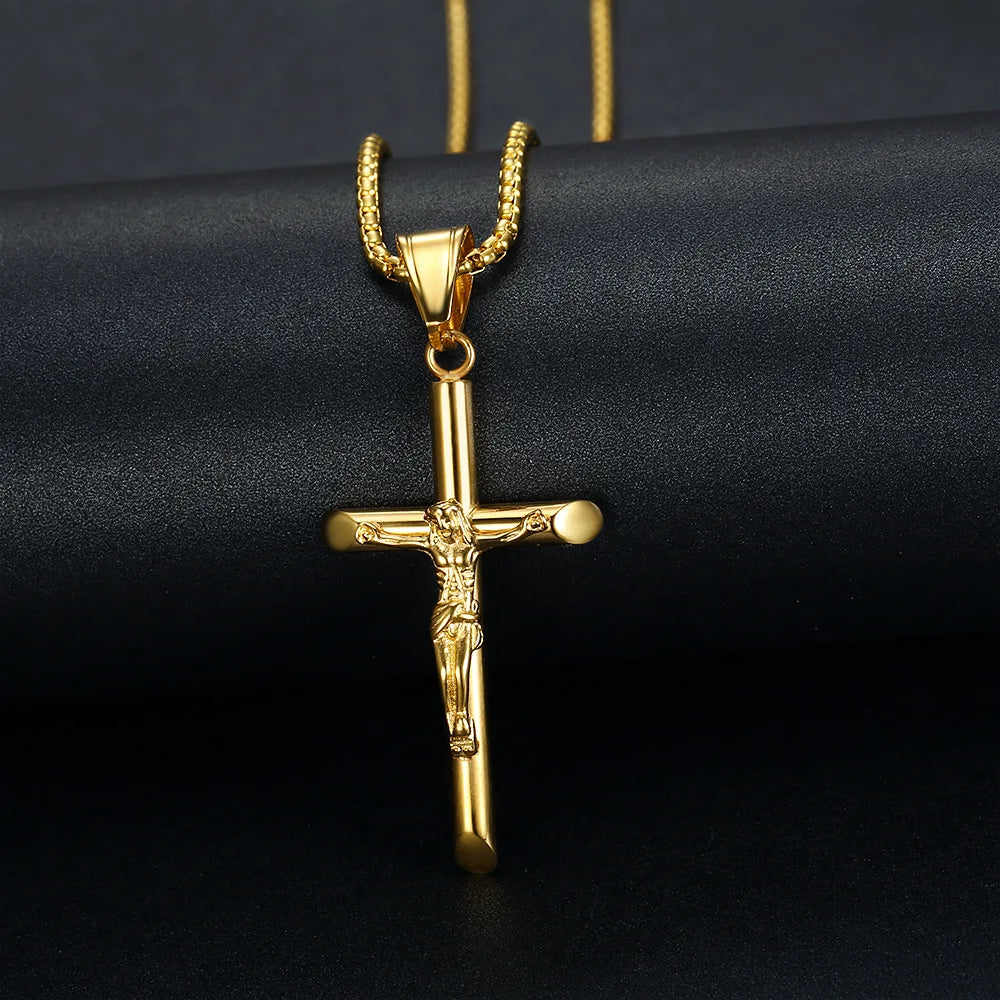 Stainless Steel Titanium God Jesus Cross Hip Hop Pendant Collar Chains Necklace for Men Women Boyfriends Gift Jewelry