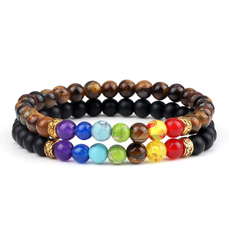 2Pcs/Set 7 Chakra Bracelet for Women Men Balance Buddha Reiki Prayer Tiger Eyes Black Natural Stone Beads Yoga Strand Bracelets