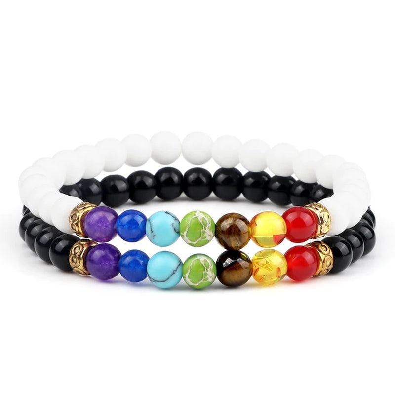 2Pcs/Set 7 Chakra Bracelet for Women Men Balance Buddha Reiki Prayer Tiger Eyes Black Natural Stone Beads Yoga Strand Bracelets