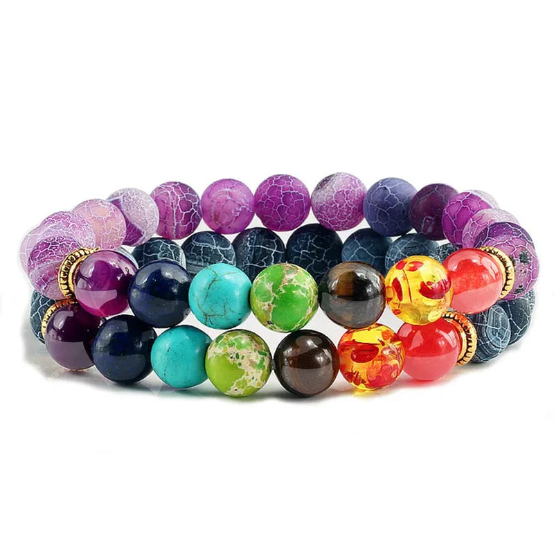 2Pcs/Set 7 Chakra Bracelet for Women Men Balance Buddha Reiki Prayer Tiger Eyes Black Natural Stone Beads Yoga Strand Bracelets