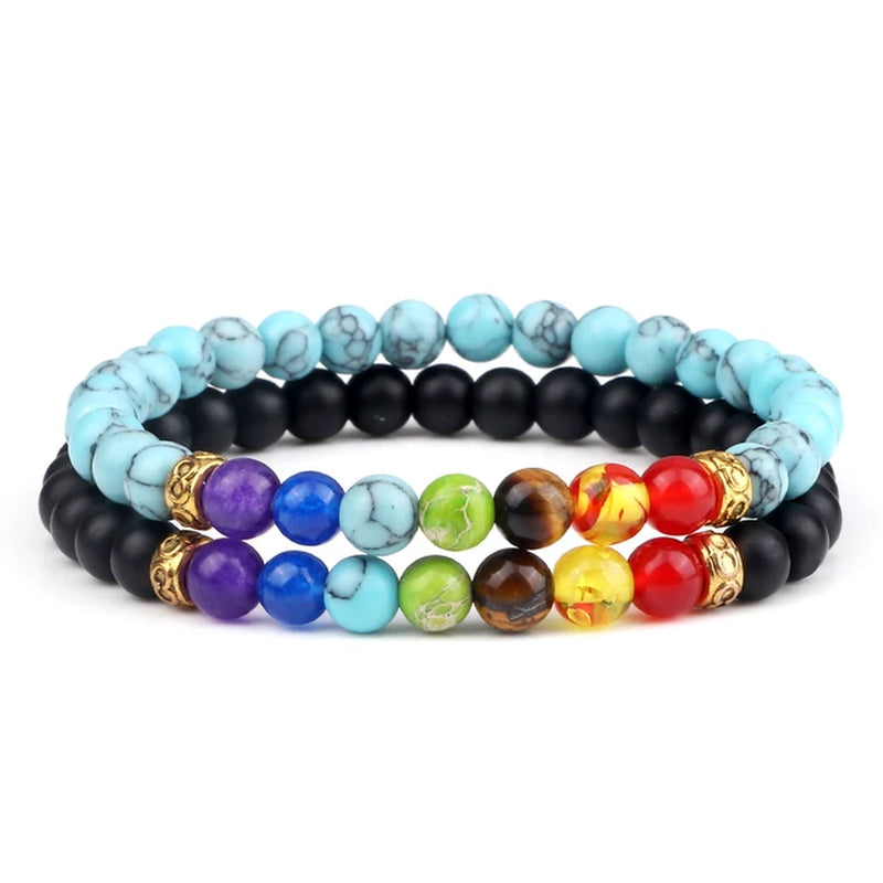 2Pcs/Set 7 Chakra Bracelet for Women Men Balance Buddha Reiki Prayer Tiger Eyes Black Natural Stone Beads Yoga Strand Bracelets