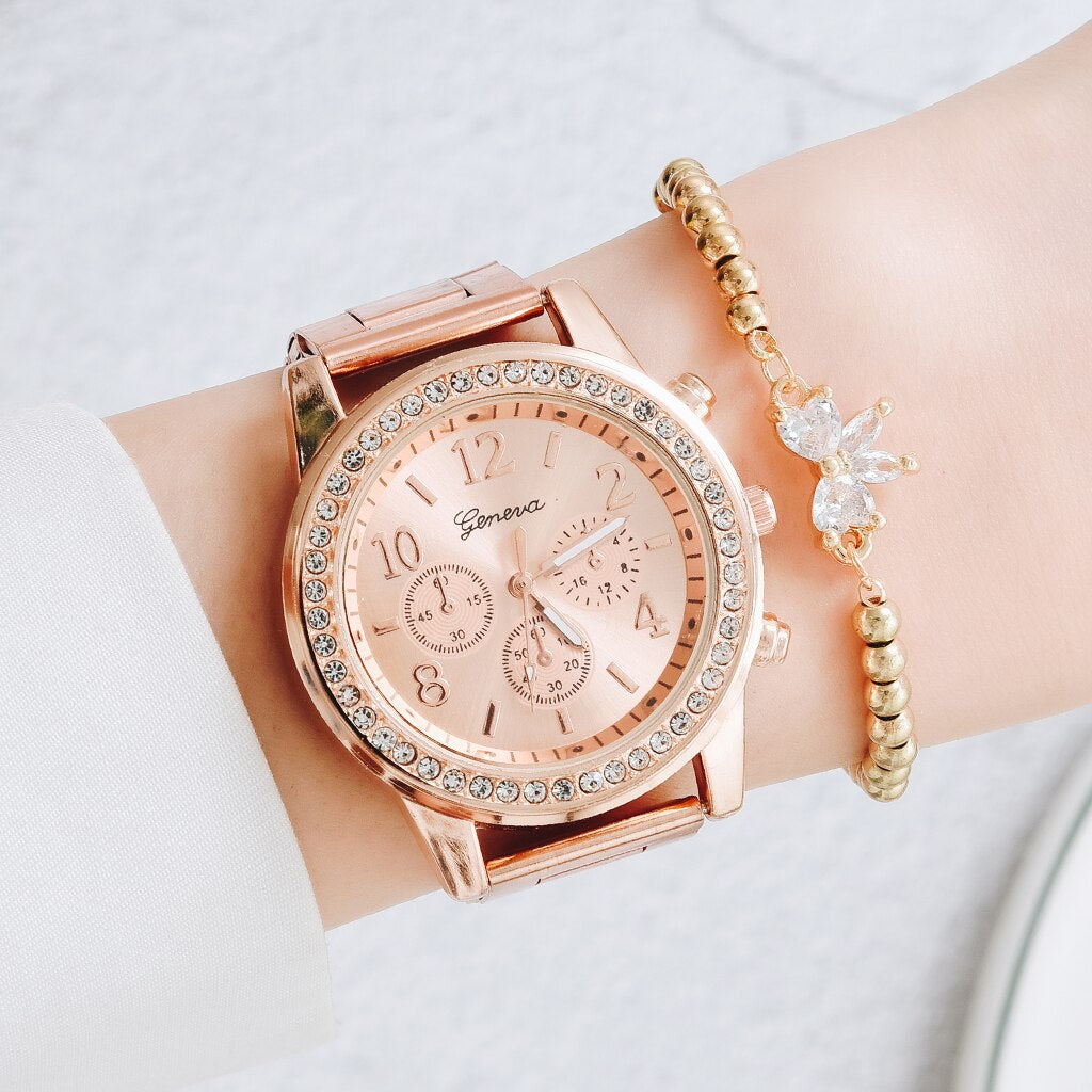 Diamond Women Luxury Brand Watch Rhinestone Elegant Ladies Watches Gold Clock 3 Eyes Wrist Watches for Women Relogio Feminino