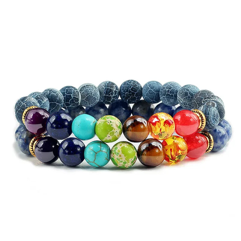 2Pcs/Set 7 Chakra Bracelet for Women Men Balance Buddha Reiki Prayer Tiger Eyes Black Natural Stone Beads Yoga Strand Bracelets