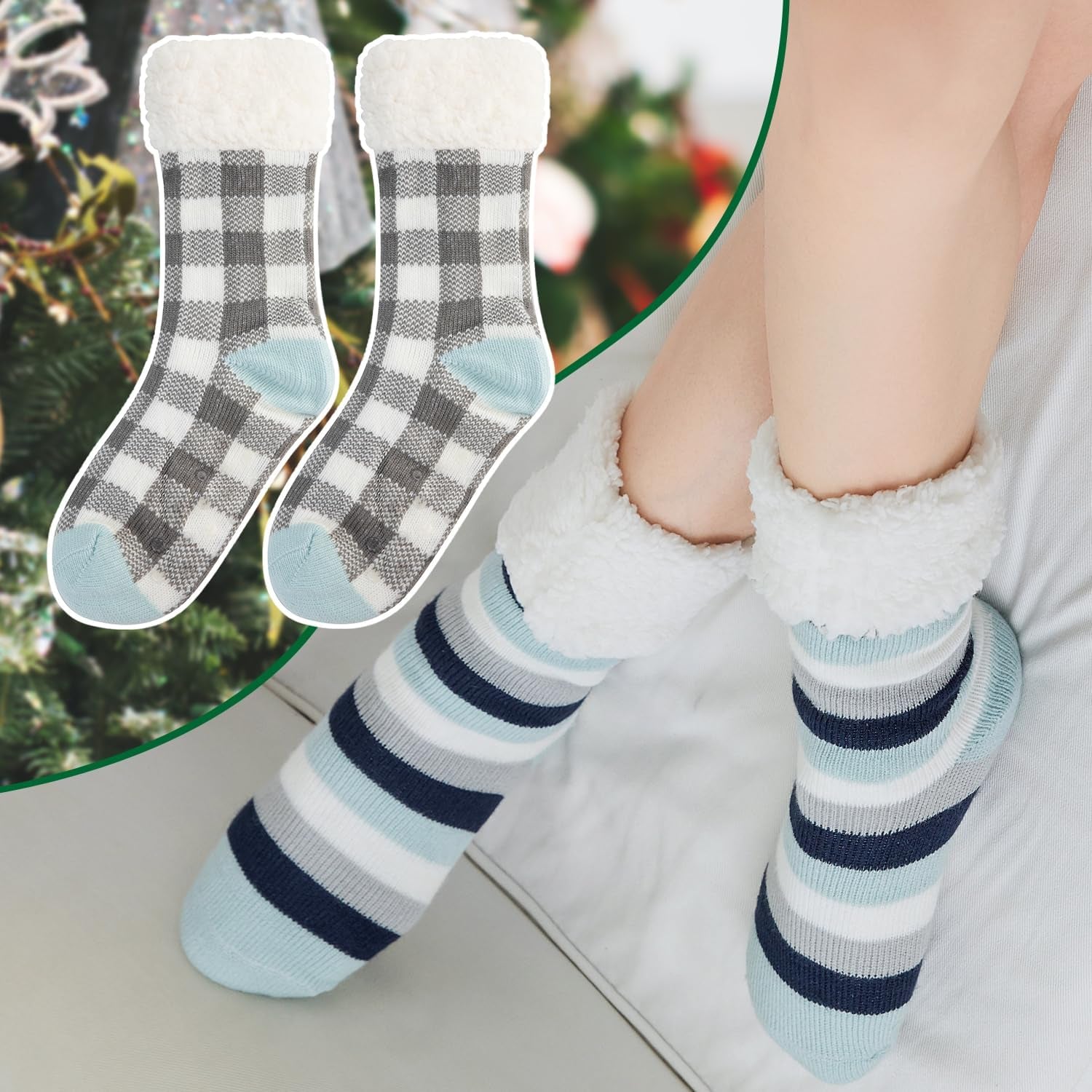 Sock Slippers for Women - 2 Pack Non Slip Socks - Fuzzy Socks Warm Socks with Grippers Sherpa Fleece Lined Thermal