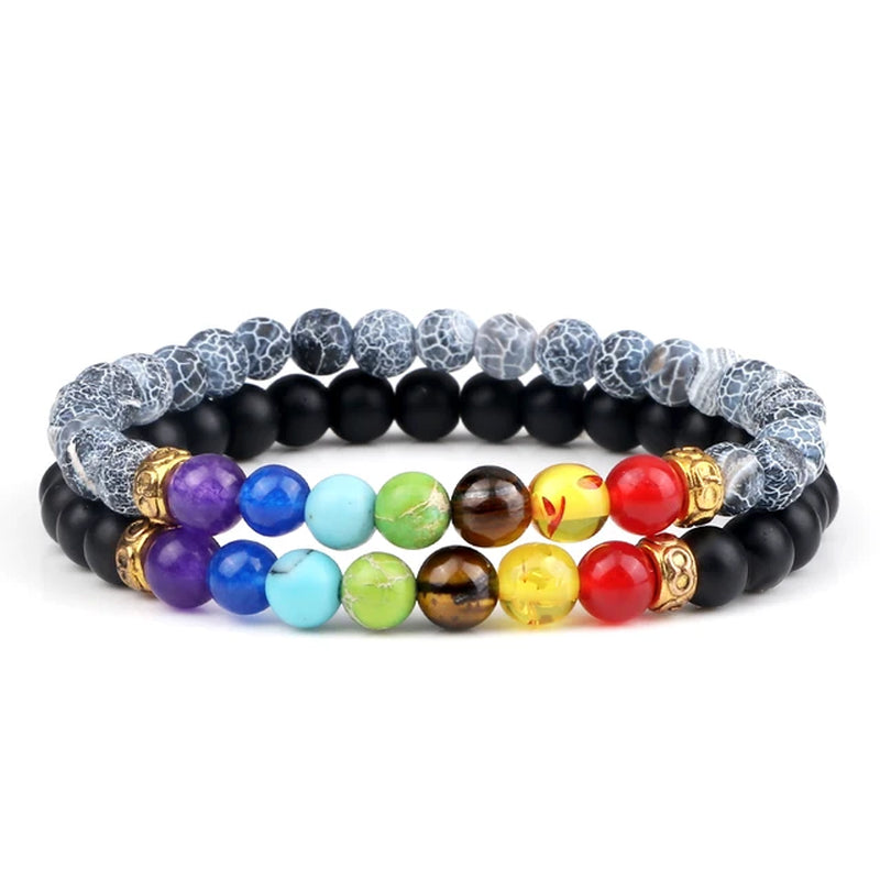 2Pcs/Set 7 Chakra Bracelet for Women Men Balance Buddha Reiki Prayer Tiger Eyes Black Natural Stone Beads Yoga Strand Bracelets