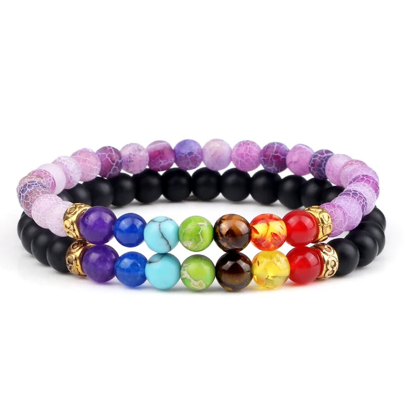 2Pcs/Set 7 Chakra Bracelet for Women Men Balance Buddha Reiki Prayer Tiger Eyes Black Natural Stone Beads Yoga Strand Bracelets