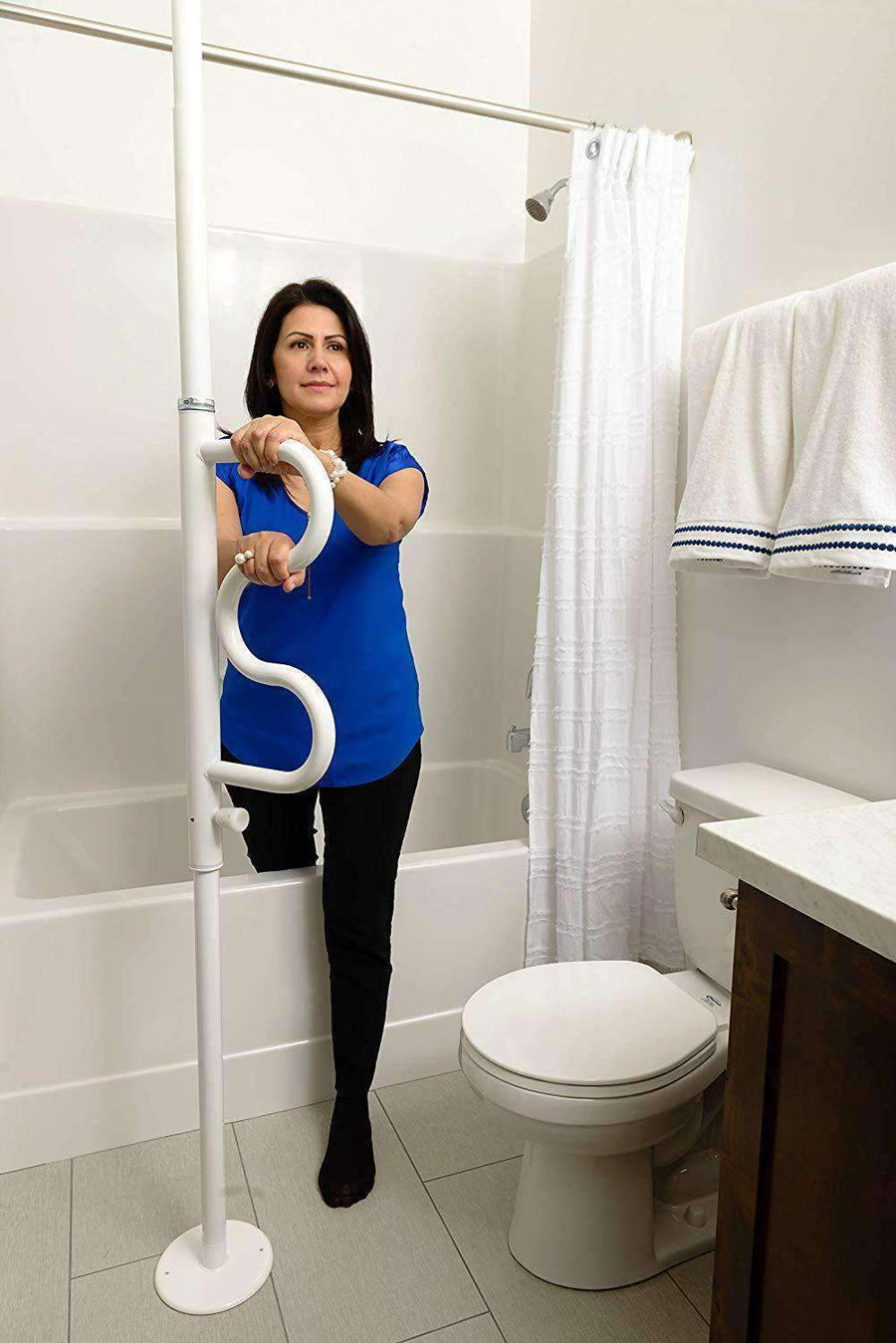 Stander Security Pole & Curve Grab Bar - Elderly Tension Mounted Transfer Pole & Bathroom Assist Grab Bar