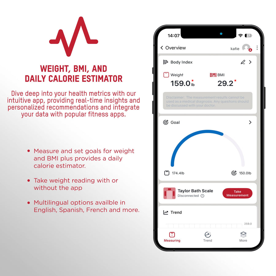 Taylor Smart Weight Tracking Scale with Precision Hub App, Clear