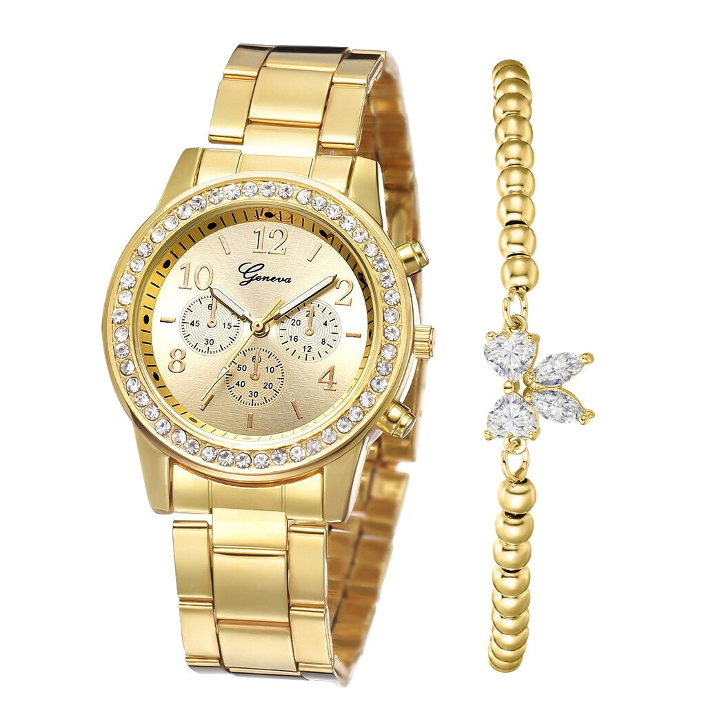 Diamond Women Luxury Brand Watch Rhinestone Elegant Ladies Watches Gold Clock 3 Eyes Wrist Watches for Women Relogio Feminino