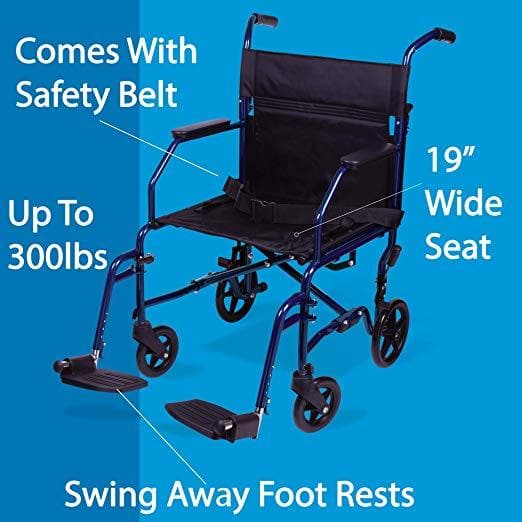 Carex Folding Transport Wheelchair with Foot Rests - 19 inch Seat