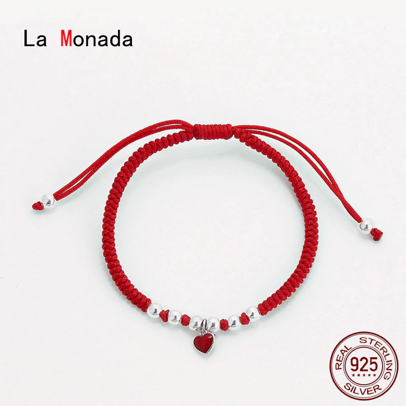 Heart Charm Red Thread for Hand 925 Sterling Silver Bracelet Red Thread String Rope Bracelets for Women Silver 925