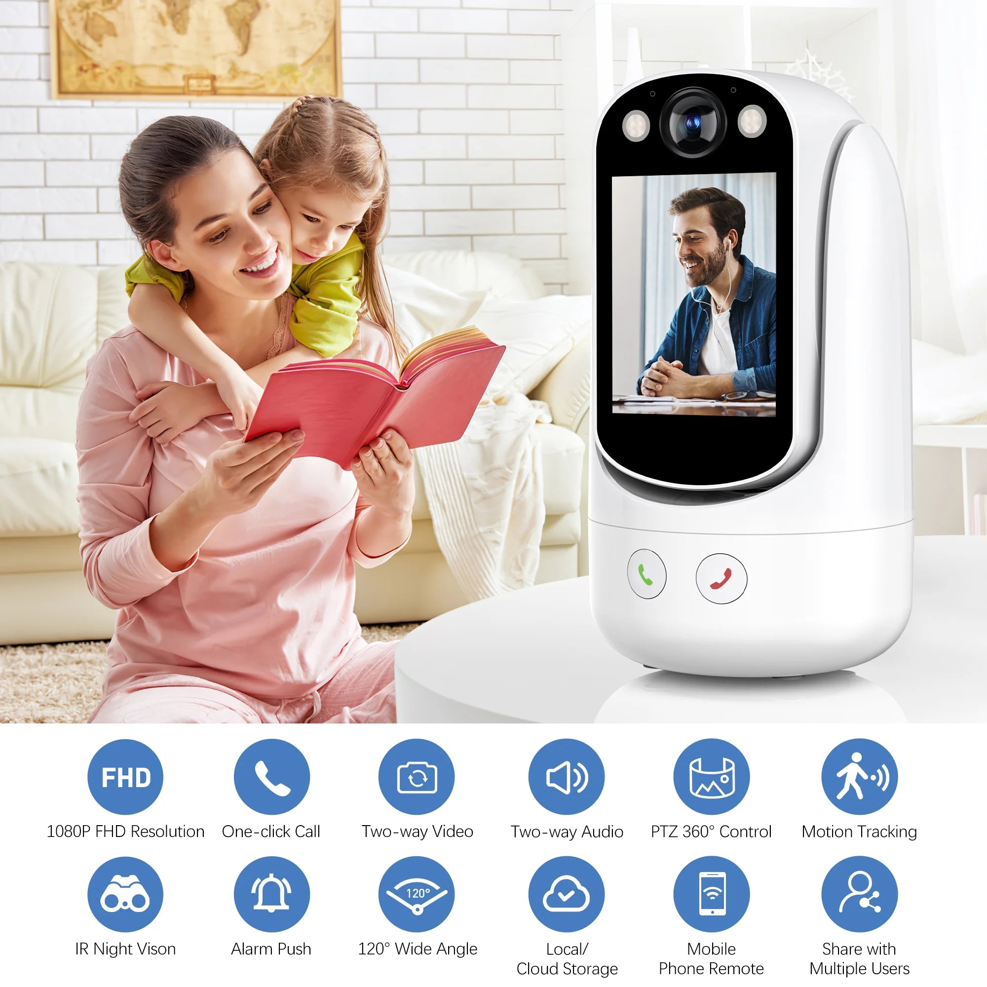 Baby Monitor with Two Way Video Call, 1080P HD Wifi Cameras W/ 2.8” Screen for Home Security/Baby Monitor/Pet Camera, AI Motion Detection&One-Click Call, Full-Color Night Vision for Baby Pet Elderly