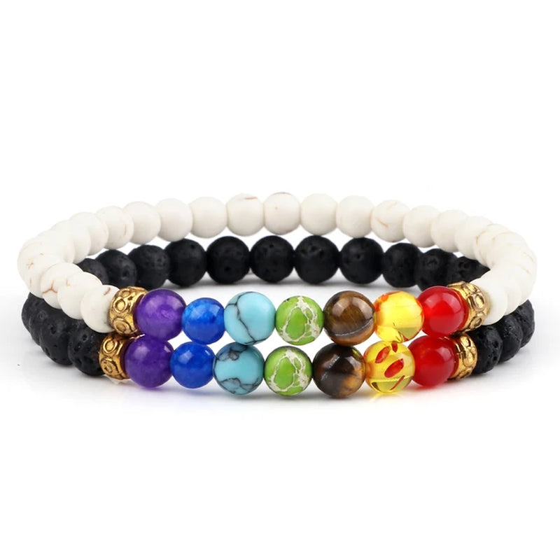 2Pcs/Set 7 Chakra Bracelet for Women Men Balance Buddha Reiki Prayer Tiger Eyes Black Natural Stone Beads Yoga Strand Bracelets