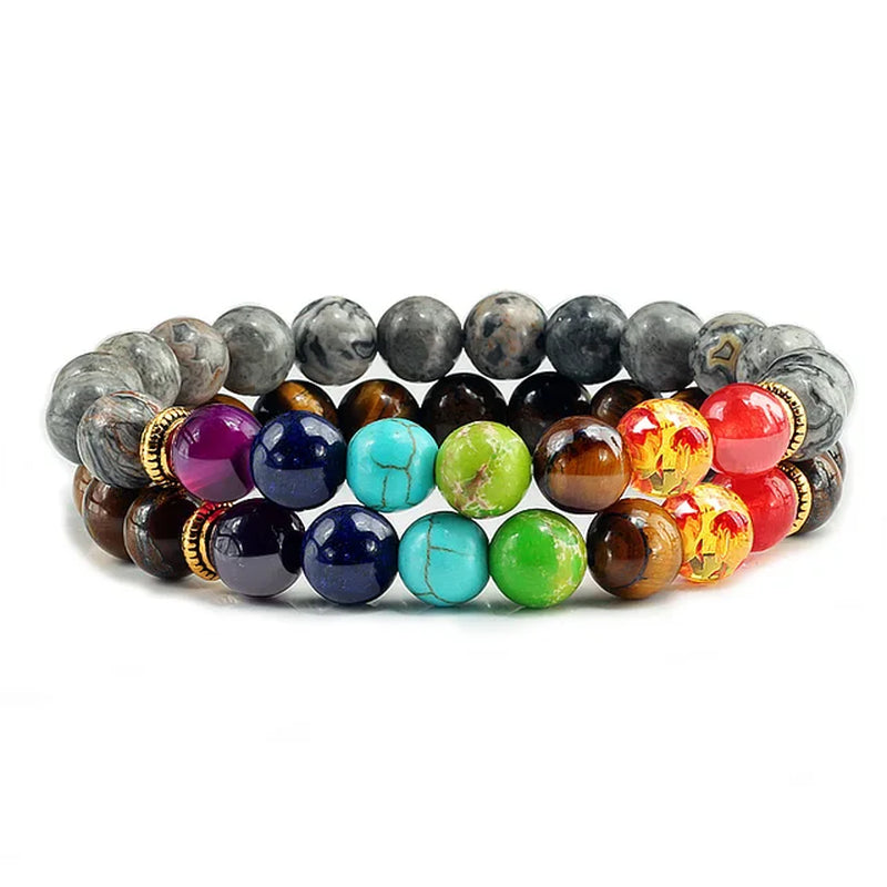 2Pcs/Set 7 Chakra Bracelet for Women Men Balance Buddha Reiki Prayer Tiger Eyes Black Natural Stone Beads Yoga Strand Bracelets