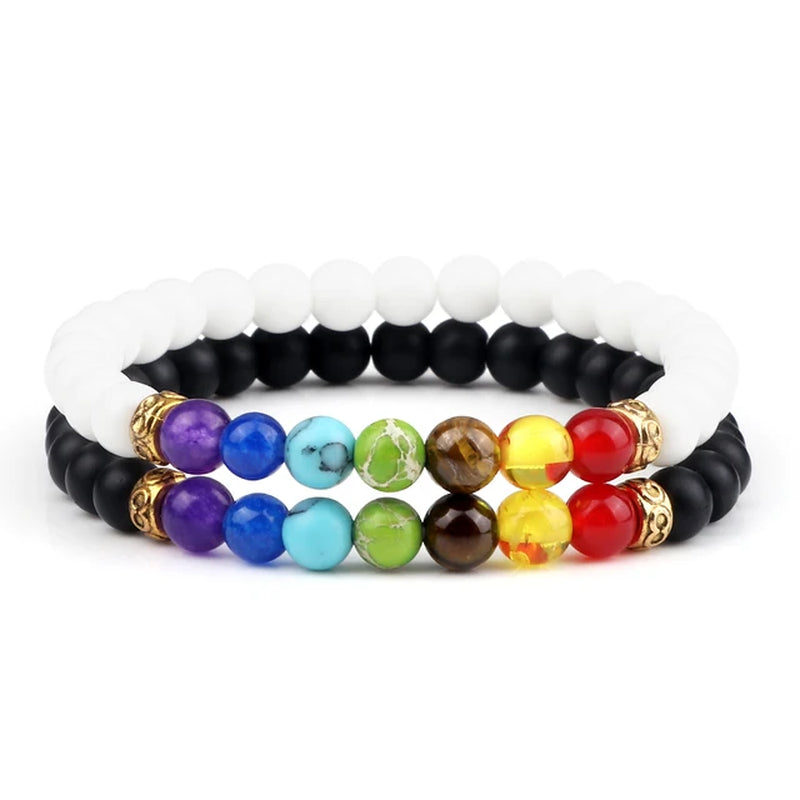 2Pcs/Set 7 Chakra Bracelet for Women Men Balance Buddha Reiki Prayer Tiger Eyes Black Natural Stone Beads Yoga Strand Bracelets