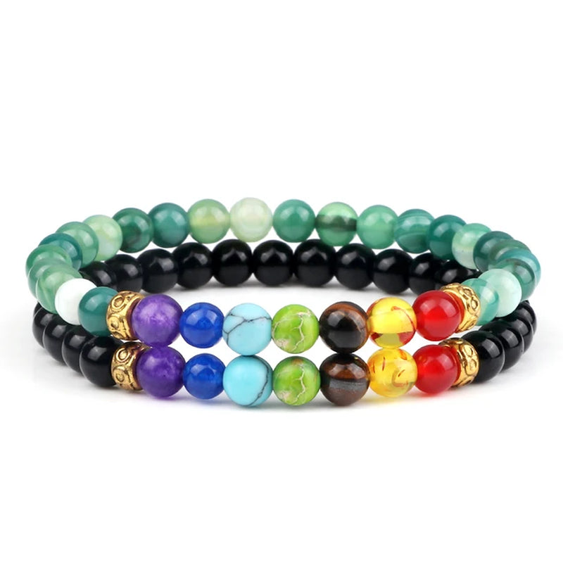 2Pcs/Set 7 Chakra Bracelet for Women Men Balance Buddha Reiki Prayer Tiger Eyes Black Natural Stone Beads Yoga Strand Bracelets