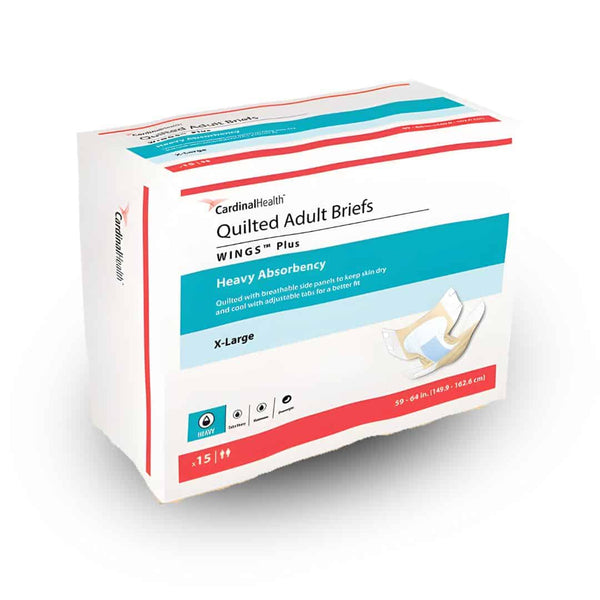 Cardinal Health, Wings Plus, Quilted Adult Briefs, Heavy Absorbency, X-Large, Case of 4 Bags of 15 (60)