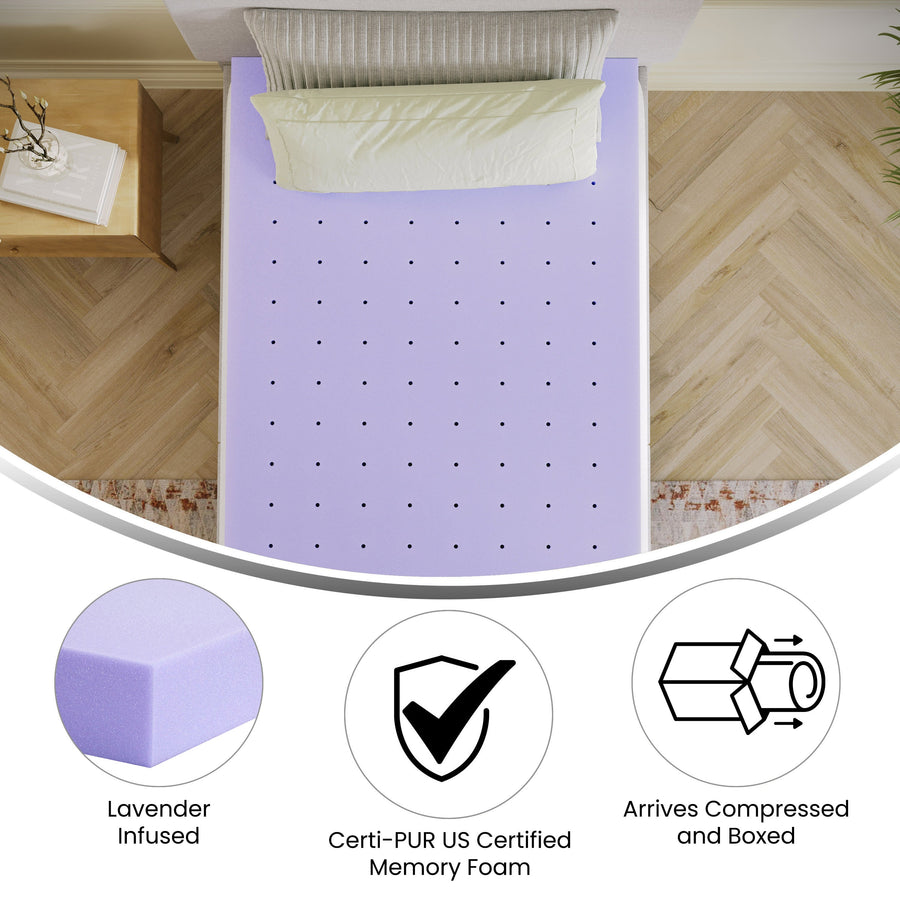 Capri Comfortable Sleep Lavender Infused Memory Foam Mattress Topper with Ventilated Design and CertiPUR-US Certified Foam