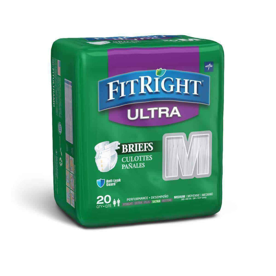FitRight Ultra Adult Diapers Disposable Incontinence Briefs with Tabs - Heavy Absorbency - Case of 80