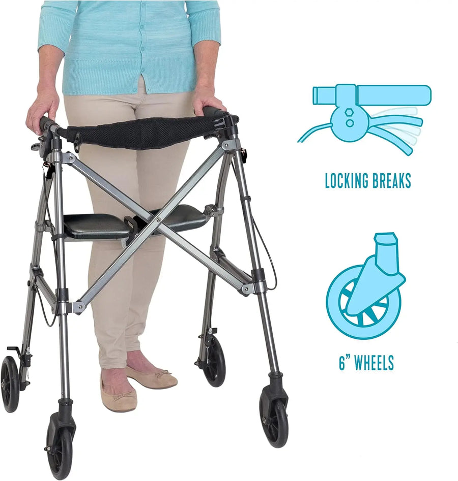 Lightweight Folding Rolling Walker with Padded Seat, Backrest and 6-Inch Wheels view 4