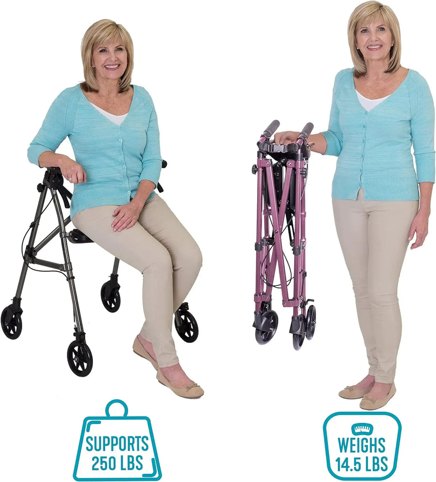 Lightweight Folding Rolling Walker with Padded Seat, Backrest and 6-Inch Wheels view 3