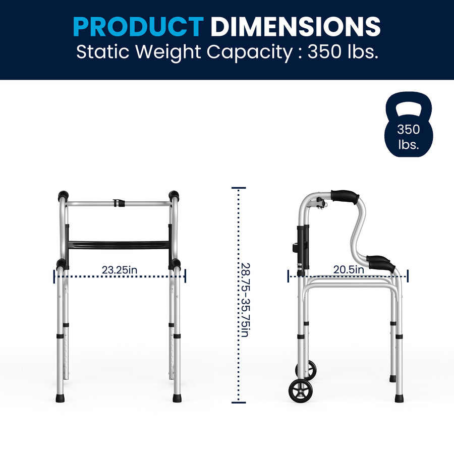 HERCULES Bi-Level Folding Walker with Adjustable Height, Interchangeable Wheels or Feet, Dual Frame Types, and Lightweight Design