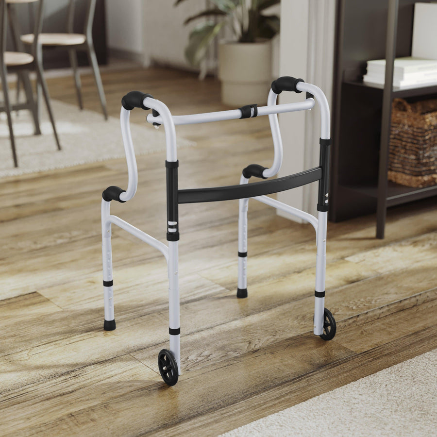 HERCULES Bi-Level Folding Walker with Adjustable Height, Interchangeable Wheels or Feet, Dual Frame Types, and Lightweight Design
