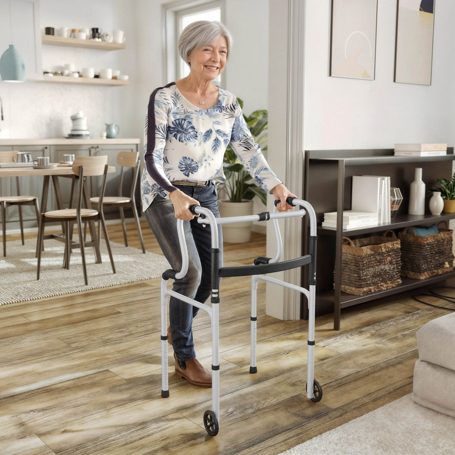 HERCULES Bi-Level Folding Walker with Adjustable Height, Interchangeable Wheels or Feet, Dual Frame Types, and Lightweight Design