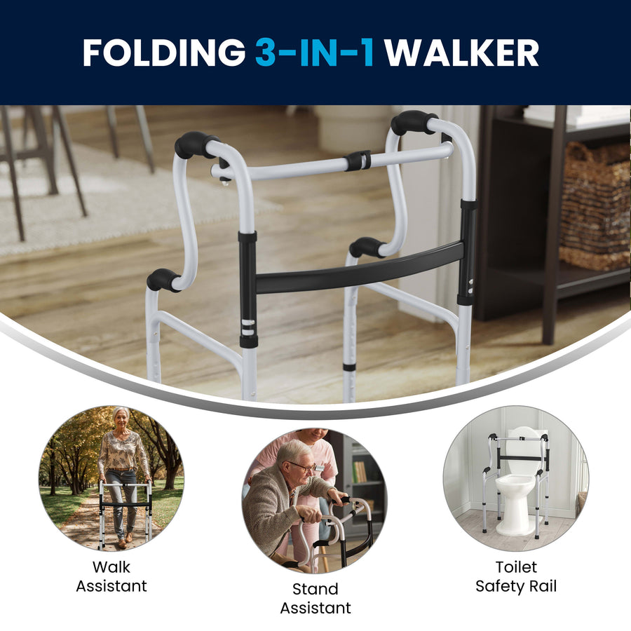 HERCULES Bi-Level Folding Walker with Adjustable Height, Interchangeable Wheels or Feet, Dual Frame Types, and Lightweight Design