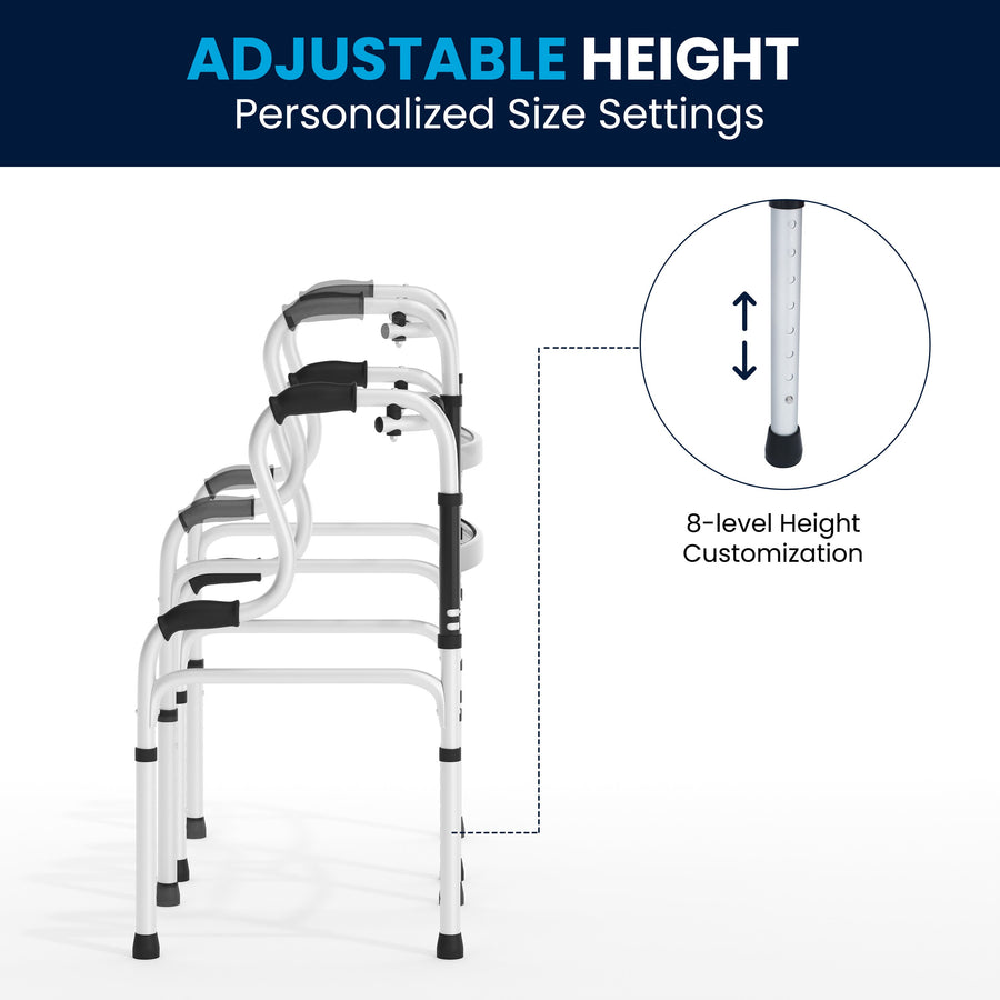 HERCULES Bi-Level Folding Walker with Adjustable Height, Interchangeable Wheels or Feet, Dual Frame Types, and Lightweight Design