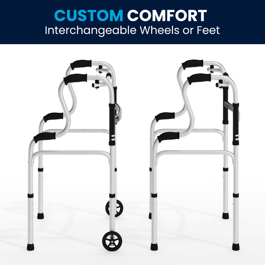 HERCULES Bi-Level Folding Walker with Adjustable Height, Interchangeable Wheels or Feet, Dual Frame Types, and Lightweight Design