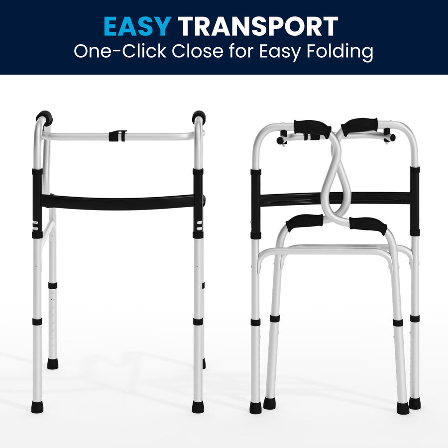 HERCULES Bi-Level Folding Walker with Adjustable Height, Interchangeable Wheels or Feet, Dual Frame Types, and Lightweight Design