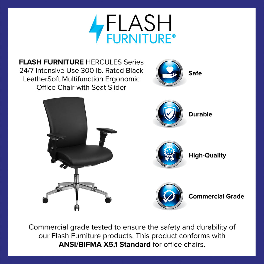 HERCULES Series 24/7 Intensive Use 300 lb. Rated Multifunction Executive Swivel Ergonomic Office Chair with Seat Slider and Adjustable Lumbar