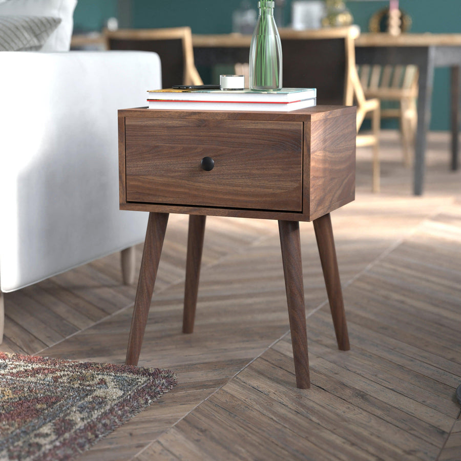 Hatfield Mid-Century Modern One Drawer Wood Nightstand, Side Accent or End Table with Soft Close Storage Drawer