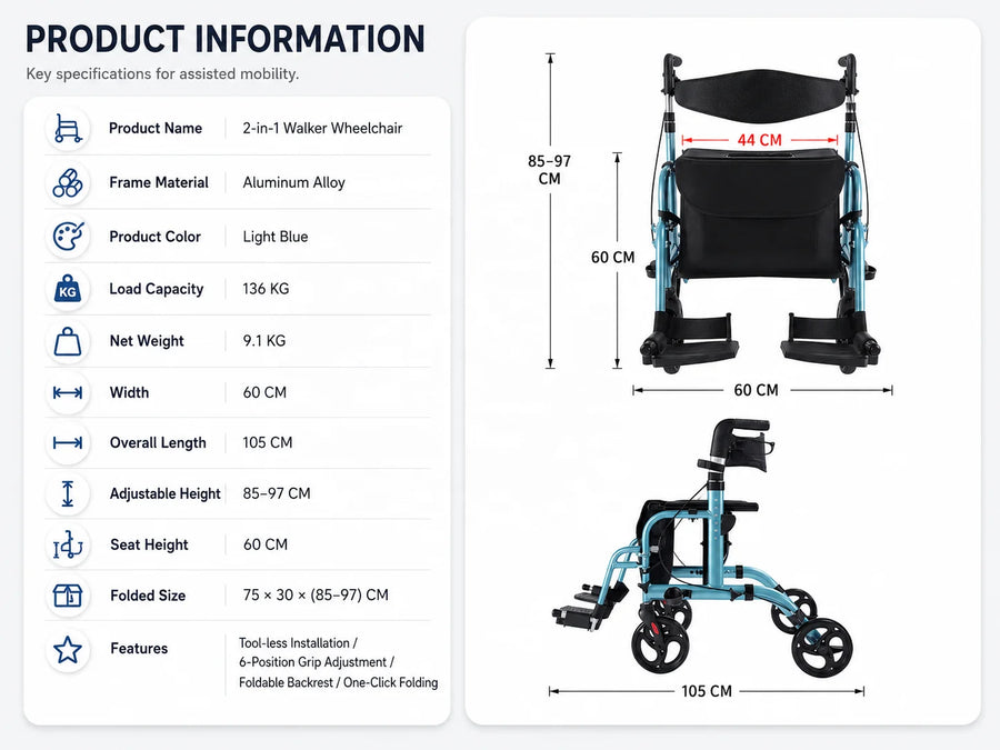 Aluminum Alloy 2-in-1 Wheelchair Rollator Walker with Cup Holder 136 kg view 3