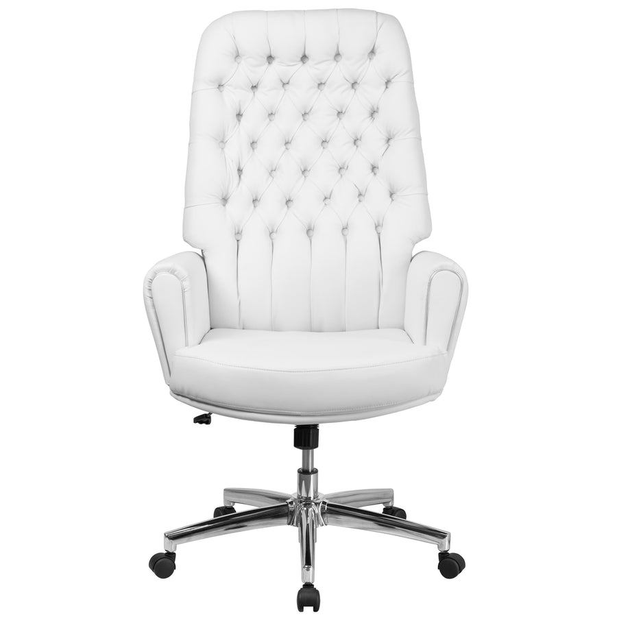 High Back Traditional Tufted LeatherSoft Executive Swivel Office Chair with Silver Welt Arms