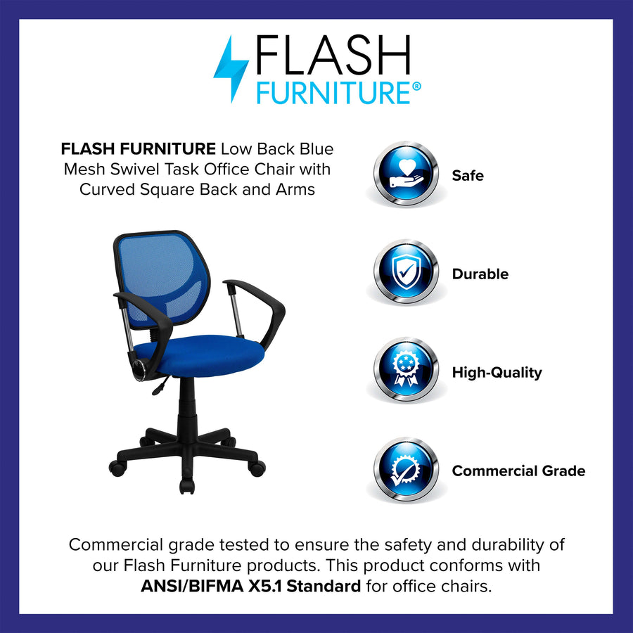 Low Back Mesh Swivel Task Office Chair with Curved Square Back and Arms