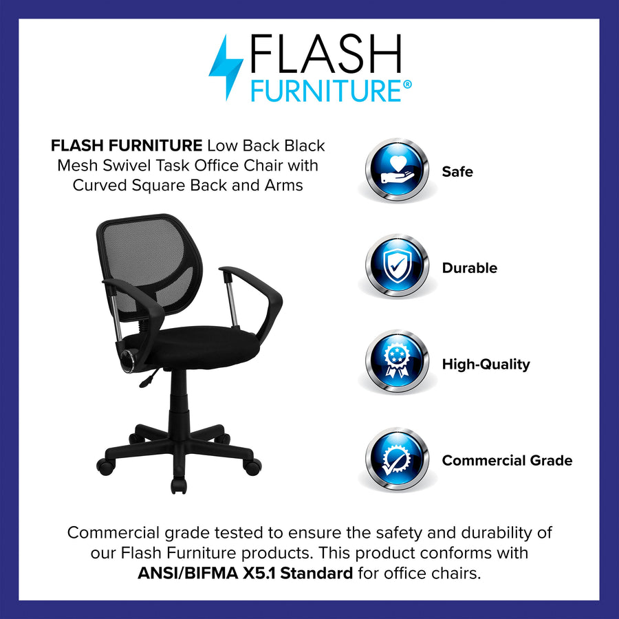 Low Back Mesh Swivel Task Office Chair with Curved Square Back and Arms