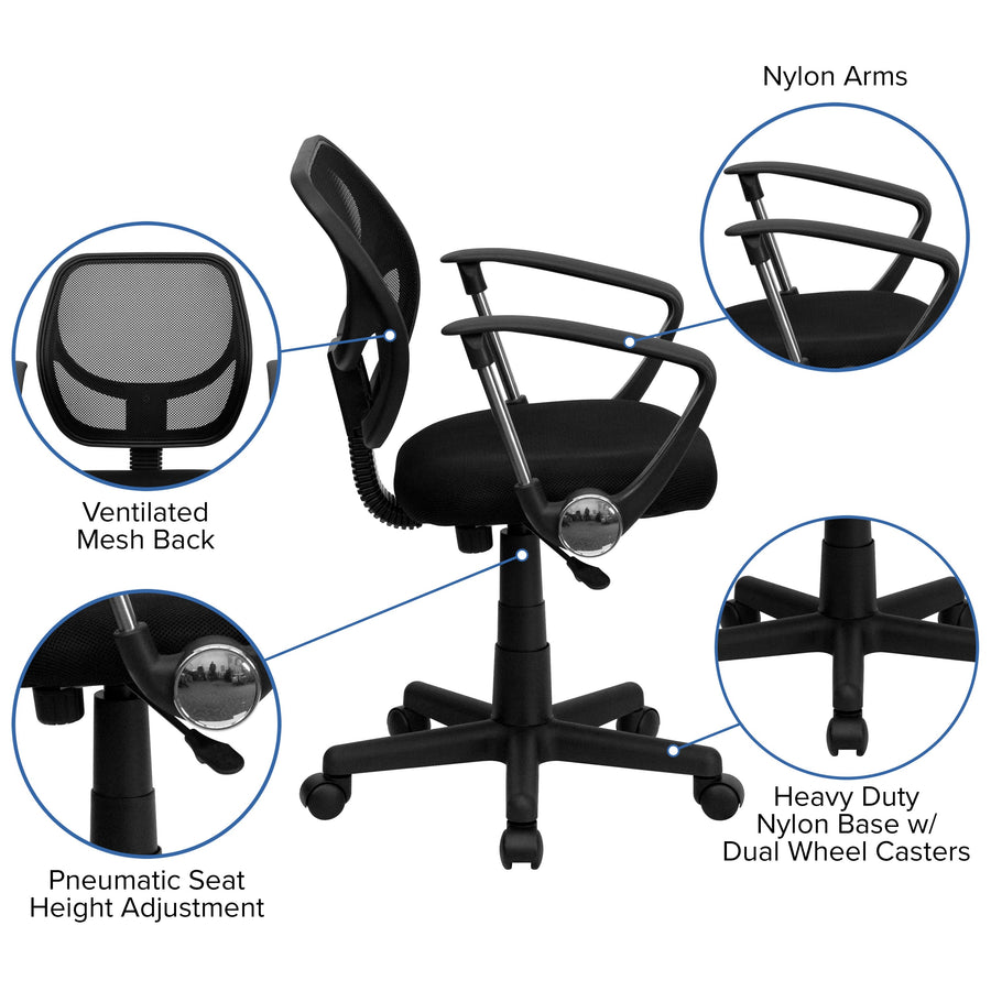 Low Back Mesh Swivel Task Office Chair with Curved Square Back and Arms