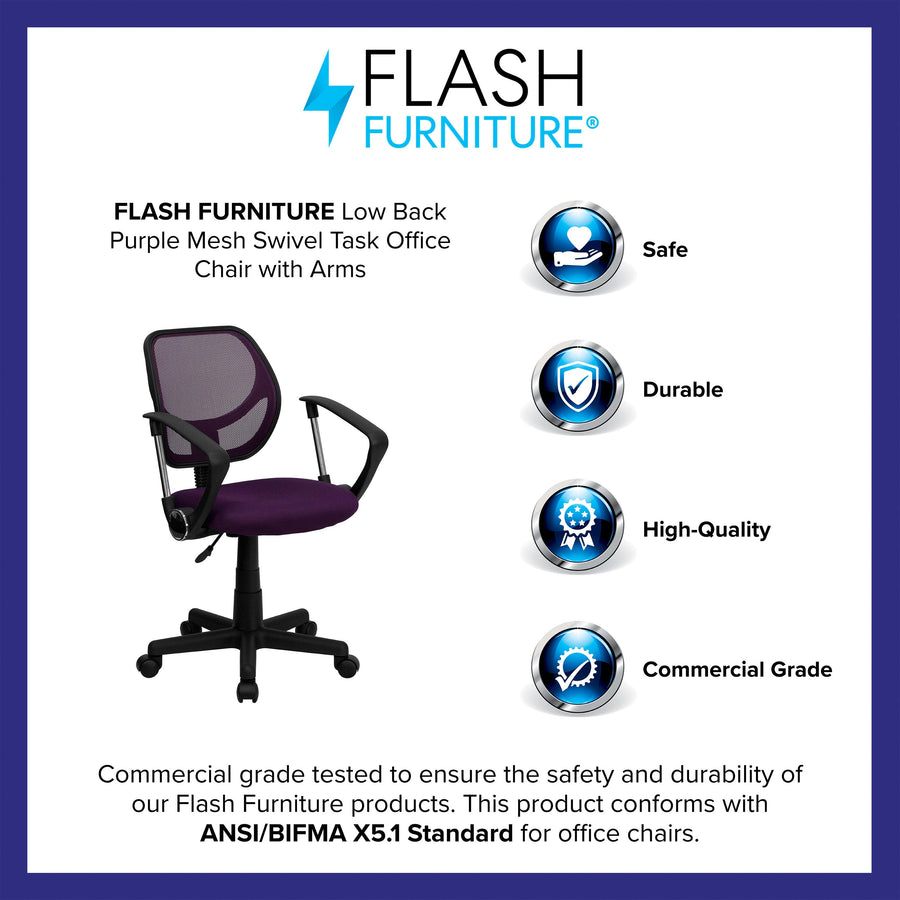 Low Back Mesh Swivel Task Office Chair with Curved Square Back and Arms